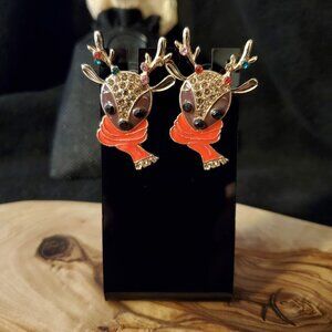 Winter Holiday Christmas Earrings - Reindeer with Red Scarf